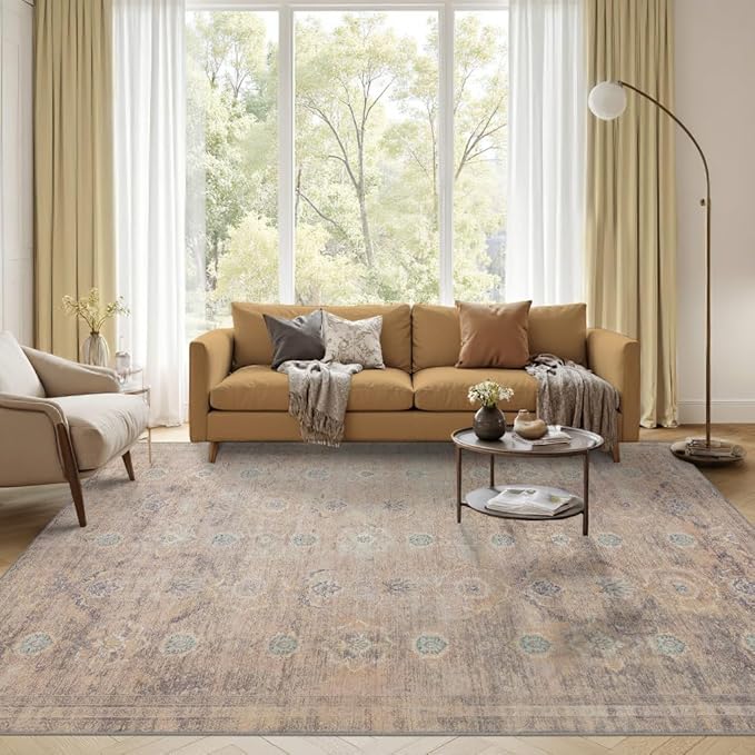 Beige Rug 5x7 Neutral Area Rugs for Living Room Bedroom, Washable Vintage Floral Retro Boho Non Slip & Low Pile Carpet for Indoor Dining Room and Kids Room(Beige 5x7ft)
