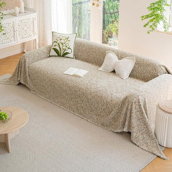 ROOMLIFE Boho Beige Couch Cover for Dogs, Washable Non Slip Furniture Protector Couch Sofa Covers for 3 Cushion Couch, Soft Chenille Couch Cover Throw Blanket with Tassels 71''X118''