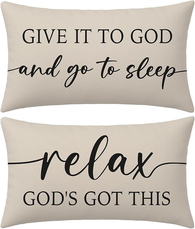 Christian Pillow Covers 12x20 Inch Set of 2 – Warm Cream Lumbar Case – Relax God’s Got This/Give It to God and Go to Sleep – Neutral Faith Throw Pillows Cases for Bed or Couch