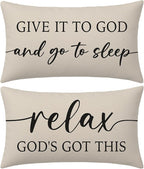 Christian Pillow Covers 12x20 Inch Set of 2 – Warm Cream Lumbar Case – Relax God’s Got This/Give It to God and Go to Sleep – Neutral Faith Throw Pillows Cases for Bed or Couch
