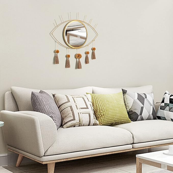 KHOYIME Evil Eye Wall Mirror Boho Gold Mirrors Decorative Metal Mirror with Tassels, Great Macrame Wall Art Bohemian Hanging Decor for Bedroom Living Room Bathroom
