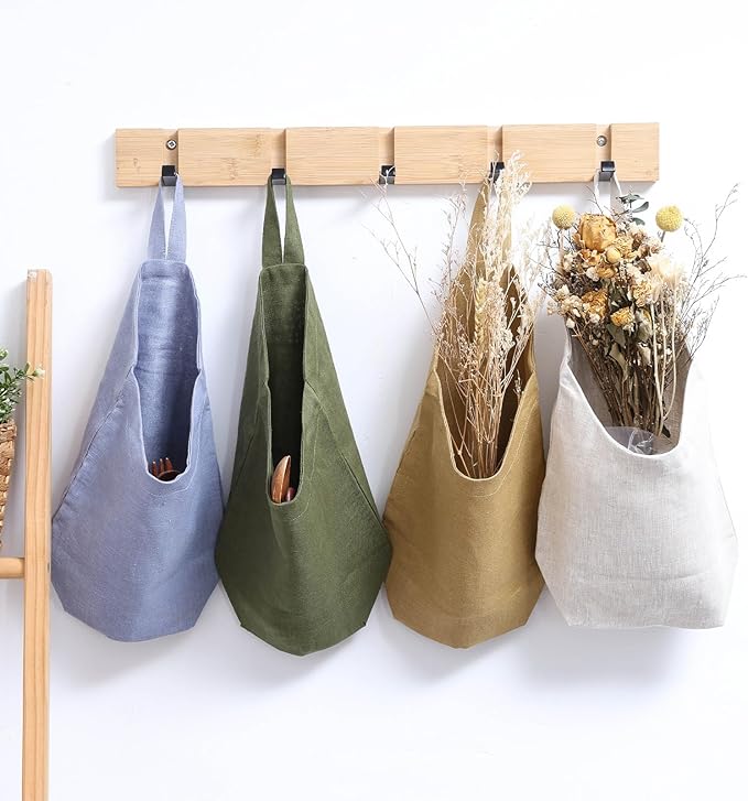 100% Linen Hanging Storage Bags Baskets 2 Pcs, Small Wall Storage Bag for Kitchen, Bedroom, RV Camper Organizer, Sewing Room, Nursery Storage, Kids Room, Dark Yellow