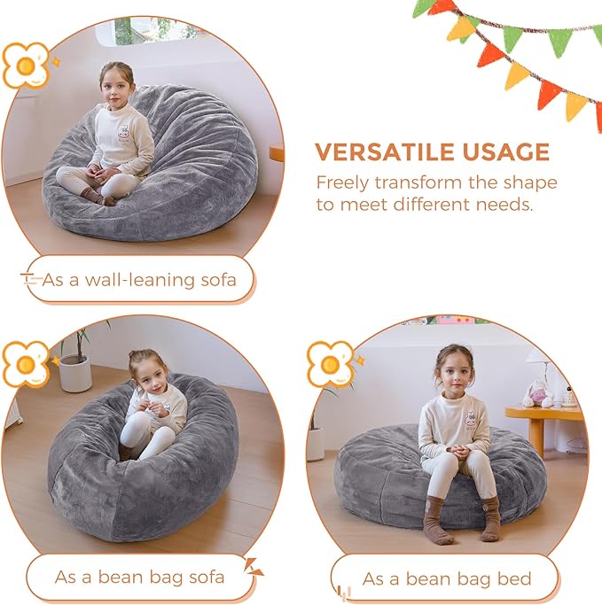 MAXYOYO 3 in 1 Kids Bean Bag Chair Bed, Child Floor Sofa for Gaming, Reading, Faux Fur Floor Mattress with High-Density Foam Filling for Living Room Bedroom