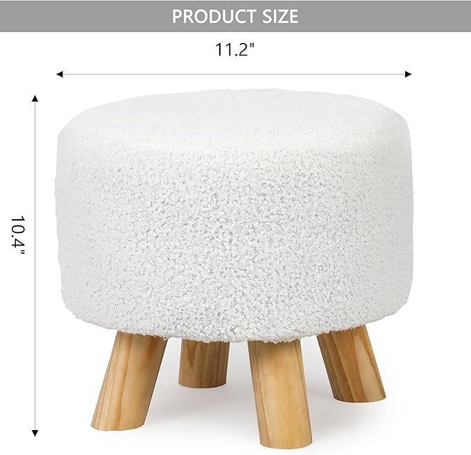 Asense 11-inch Round Ottoman Footstool,Small Padded Seat with Wood Legs,Foot Rest Stool for Living Room Bedroom Couch,White