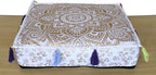 ICC Large Square Cotton Mandala Cushion Cover Hippie Ottoman Pouf Cover Daybed Floor Pillow Cover with Heavy Duty Zipper Seating Ottoman Poufs Dog-Pets Bed (White Flower Gold, 18" Square)