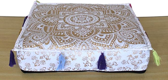 ICC Large Square Cotton Mandala Cushion Cover Hippie Ottoman Pouf Cover Daybed Floor Pillow Cover with Heavy Duty Zipper Seating Ottoman Poufs Dog-Pets Bed (White Flower Gold, 18" Square)