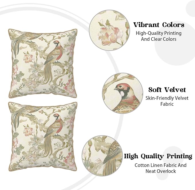 Vintage Cream Chinoiseriel Soft Velvet Throw Pillow Covers Set of 2 Bird Floral Flowers Leaves Decorative Pillow Covers 18x18 Inch Rustic Farmhouse Pillow Case For Sofa Couch Living Room Home Decor