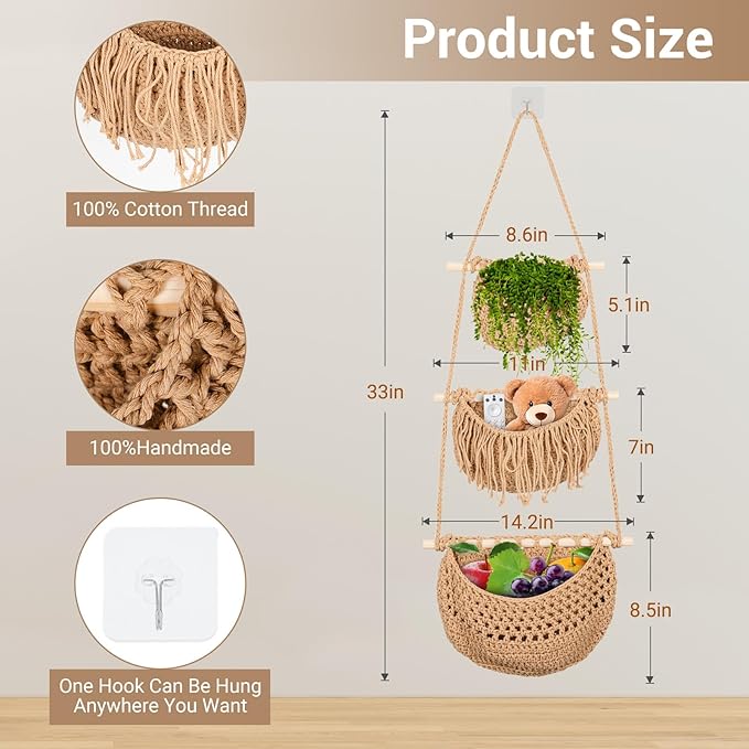 Hanging Fruit Baskets for Kitchen,3 Tier Handmade Woven Cotton Rope Wall Basket for Organizing & Decorating,Boho Room Decor,Storage for Home,Living&Bathroom Bedroom Diningroom (Tan)