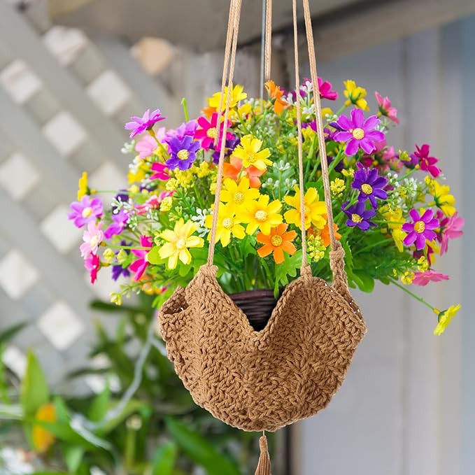 4 Packs Macrame Plant Hangers with Tassels Boho Crochet Hanging Plant Basketball for Indoor Outdoor Plant Hanger with 4 S Shaped Hooks for Home Decor Window Flower Pot(Brown)