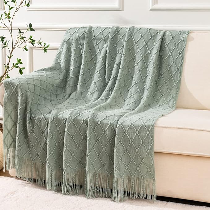 BATTILO HOME Sage Green Throw Blanket for Couch, Boho Bed Throws Blanket, Spring Decorative Light Blue Throw Blanket for Sofa Living Room, 52"x80"