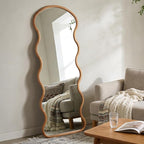 WallBeyond 24"x65" Full Length Wood Arched Mirror, Natural Wood Boho Accent Mirror with Wavy Design, Decorative Floor or Wall Mounted Mirror for Bedroom