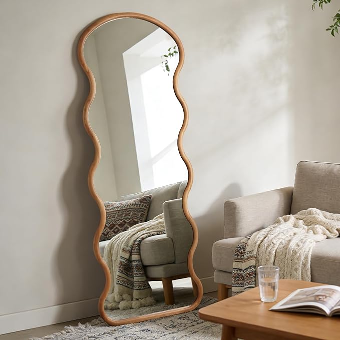 WallBeyond 24"x65" Full Length Wood Arched Mirror, Natural Wood Boho Accent Mirror with Wavy Design, Decorative Floor or Wall Mounted Mirror for Bedroom