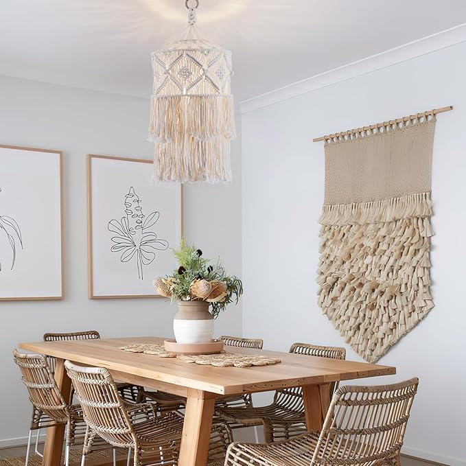 Boho Plug in Pendant Light, Hanging Light with Plug in Cord, Hanging Lamp with Handmade Macrame Lamp Shade, Boho Plug in Hanging Light Fixtures for Living Room Bedroom Decor