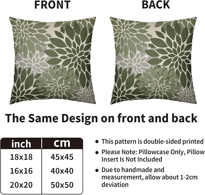 Dark Sage Green Flower Pillow Covers 16X16 Inch Set of 2, Grey Gray Dahlia Floral Spring Summer Cream Decorative Throw Pillow Covers Outdoor Modern Farmhouse Cushion Case for Home Couch Sofa Bed Decor