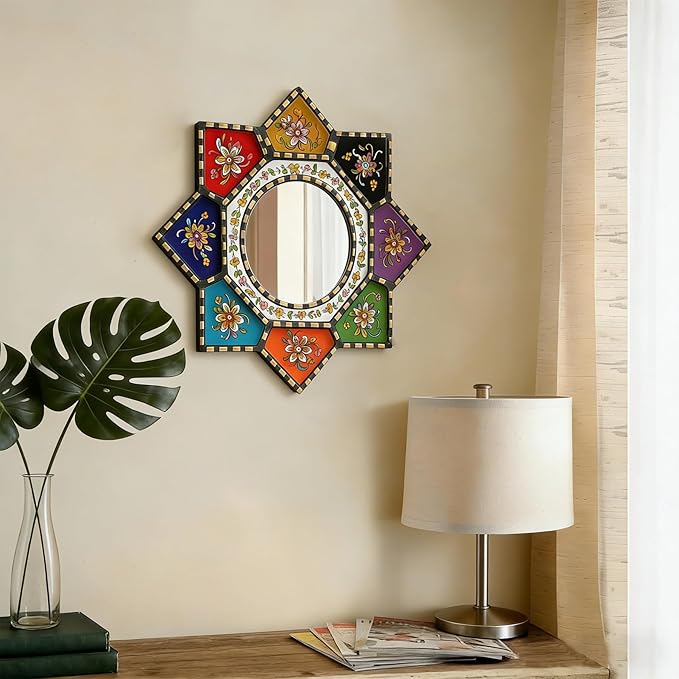 Octagon Sunburst Wall Mirror - Colorful Geometric Boho Circle Mirror Art, Small Decorative Vintage Accent for Living Room Decor, Wood & Acrylic（2D Printed）
