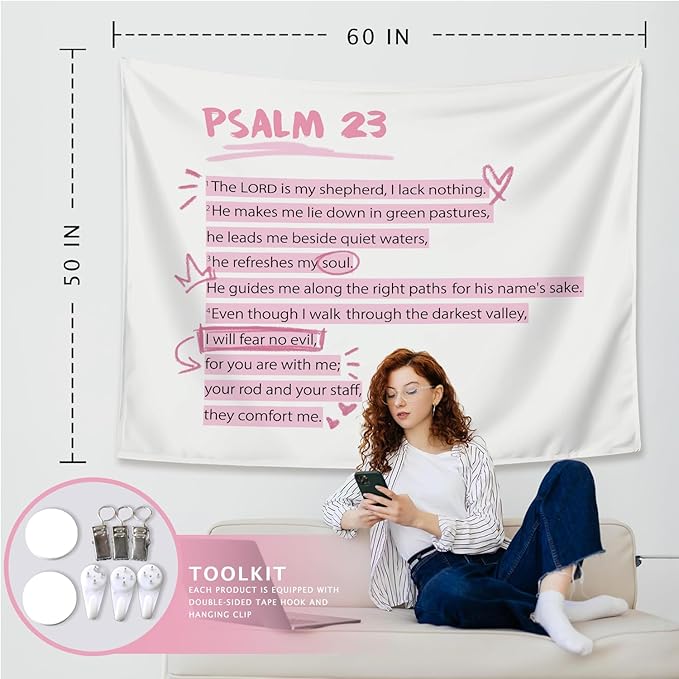 LIANGW Pink Christian Tapestry Aesthetic, Wall Tapestry for Bedroom, Pink Wall Art for Teen Girls & Women, Dorm Decor for College Girls, Bible Verses Tapestries Wall Hanging 50x60 inche