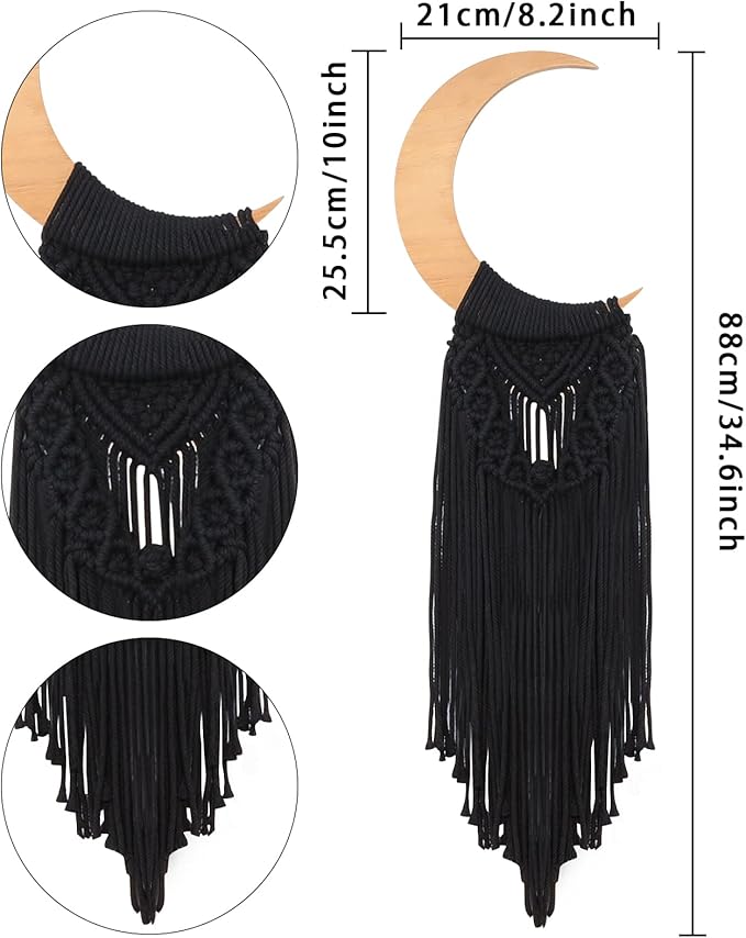 ANROYE Macrame Wall Hanging Boho Moon Decor, Bohemian Crescent Wooden Ornament with Long Tassel, Handmade Unique Wood Tapestry Home Decoration Wall for Dorm Bedroom Nursery Living Room Gift