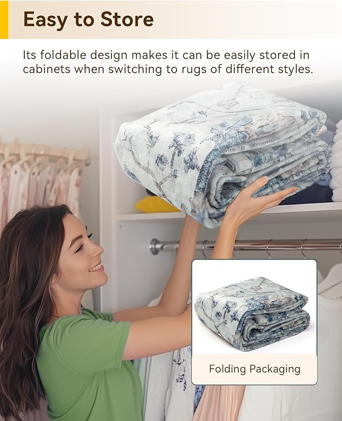 Area Rugs 3'x5' Washable Non-Slip, Floral Vintage Distress Print Pattern Medallion Carpet for Living Room Bedroom Dining Room, Light Blue Navy Beige Gray White