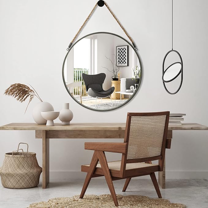 POZINO Large Round Rope Mirror, 30 Inch Circle Farmhouse Mirror, Hanging Mirror for Bathroom Bedroom Living Room Entryway Home Decor, Grey
