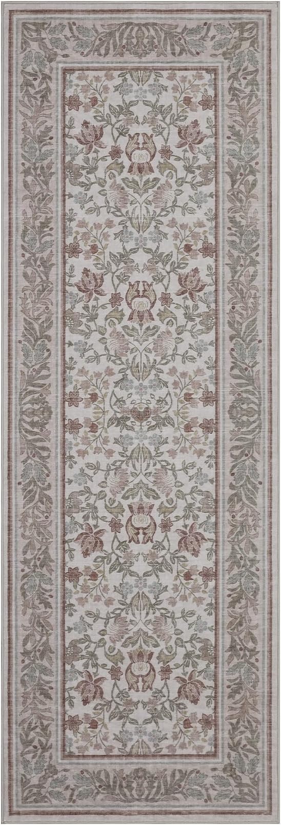 GarveeHome Runner Rugs 2x6 Kitchen Runner Rug Non Slip Washable Runners for Hallways, Boho Vintage Rugs with Rubber Backing Low-Pile Indoor Carpet for Entryway Bedroom Beige Pink