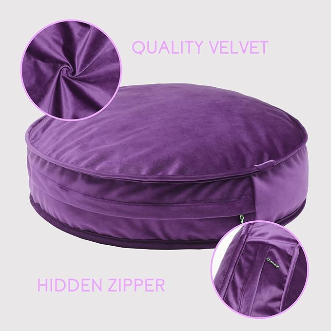 Round Floor Pillow Cover Velvet Throw Seating Pouf Yoga Meditation Cushion Plush Case Reading Room Decor Cover Only (19.7IN, Purple)