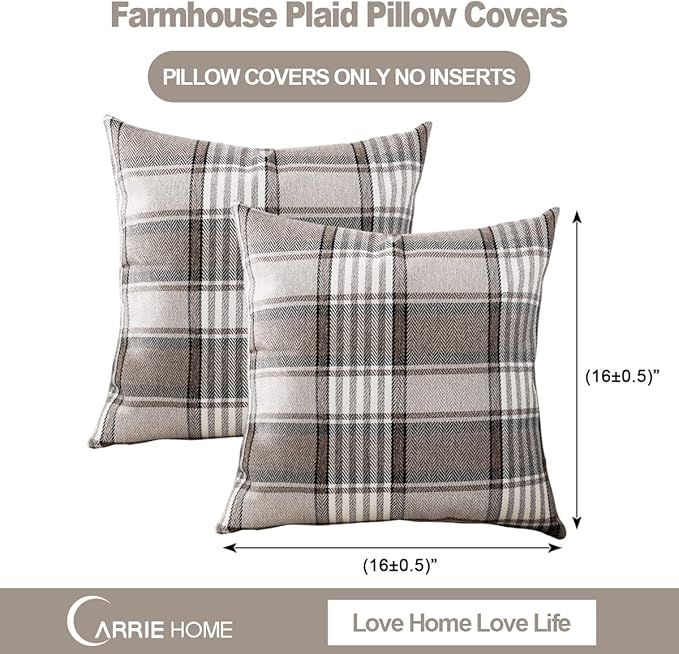 CARRIE HOME Brown Farmhouse Throw Pillow Covers 16x16 Set of 2 Plaid Decorative Throw Pillows 16 x 16 for Spring Fall and Winter Holiday Home Decor