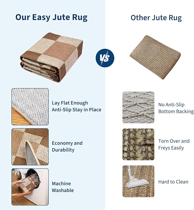 GarveeHome Washable Easy Jute Rug 9x12 Rugs for Living Room Checkered Indoor Outdoor Rug for Patio Non-Slip No Shed Jute Rugs Geometric Carpet for Farmhouse Dining Room Backyard Office, Brown