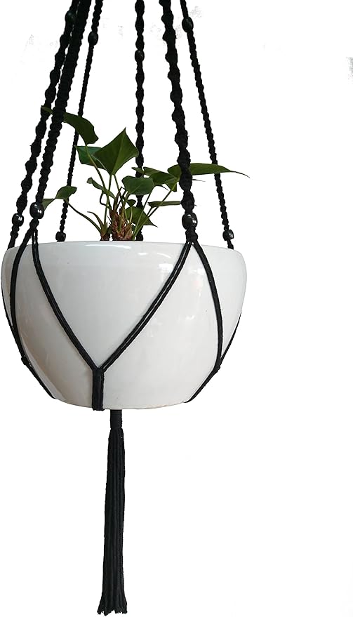 Plant Hanger Macrame Cotton 6 Legs 51 Inches in Tan and Green Color for Indoor Outdoor, Living Room, Kitchen, Deck, Patio, High and Low Ceiling with Size of 10-12 inches Without The Pot (Black)