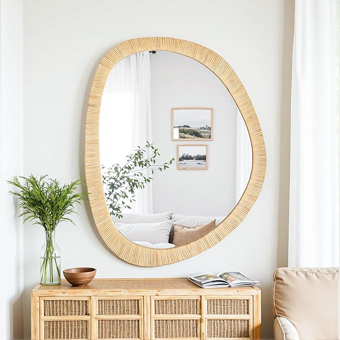 sawsile Rattan Mirror,31.5x25.2 Irregular Boho Bathroom Rattan Farmhouse Wicker Asymmetrical Wood Wall Mirror for Nursery,Bathroom,Living Room,Washroom