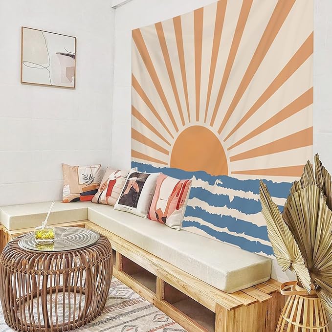 Atrippy Boho Hippie Sun Wall Tapestry for Bedroom Aesthetic, Bohemian Retro 70s Tapestries Hanging, Vintage Indian Sunset Sea Wave Art Poster for Living Room Dorm Decor (51" X 60")