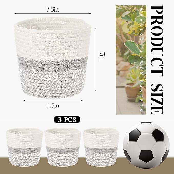 3 Pcs Cotton Rope Plant Basket with Plastic Liner Rustic Plant Basket Planters Modern Woven Decorative Pots for Home Flower Indoor Storage Decor, 7.5 x 6.5 Inches(White, Gray)
