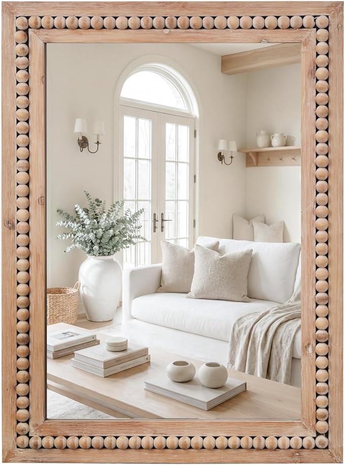 H HOMEWINS Rustic Wooden Mirror,22x30 Inch Farmhouse Boho Bathroom Rectangle Nursery Nature Beads Decor Wall-Mounted Mirror for Bedroom, Living Room,Vanity,Entryway,Over Sink