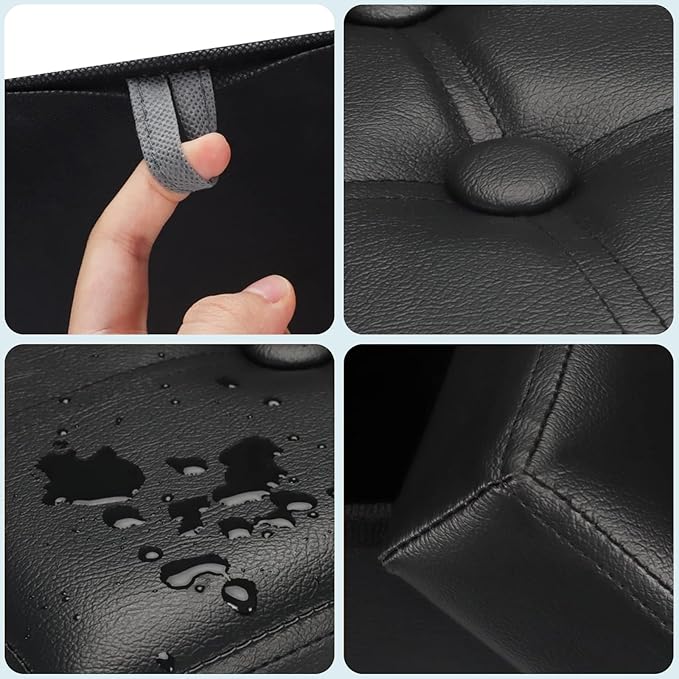 Storage Ottoman Foot Rest Stool, Small Leather Storage Ottomans Bench, Folding Footstool with Side Pockets, Foot Rest Under Desk for Living Room Bedroom, 16x12x12 in, Black