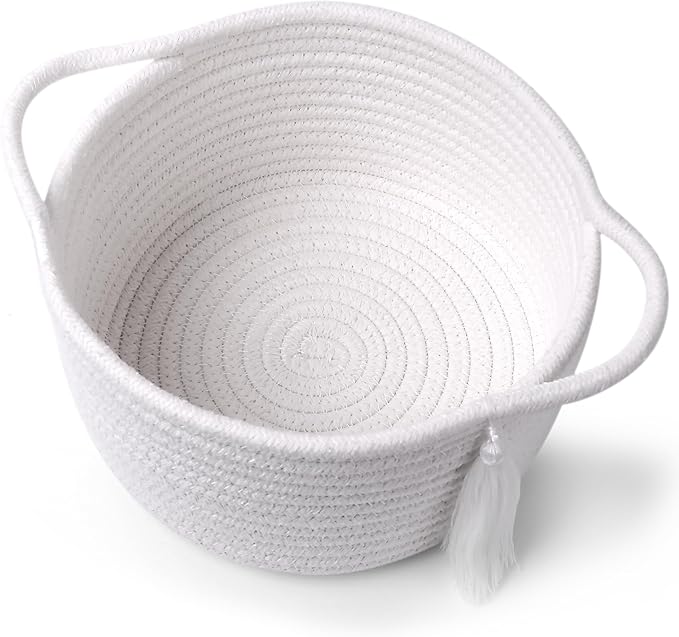 Small White Gift Basket Empty to Fill – SweetMemo Cute Decorative Woven Baskets with cellophane wrap for Kids, Baby Shower, Desk, Bathroom, Holiday Gifting – Mini Decor Cotton Rope Bin with Handles