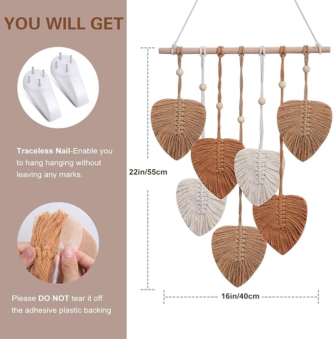 EaseMyKit Wall Hanging Decor Leaves Tapestry, Boho Wall Decor Woven Feather Handmade Yarn Tassels Leaf Macrame Wall Art Decorations for Living,Bedroom,Office,Nursery,Apartment Room,16x22 Inch(Brown)