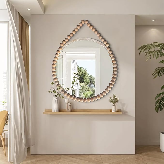 POZINO Wood Round Mirror, 36" Large Wooden Beaded Mirror, Farmhouse Hanging Country Rustic Mirrors with Rope, Spherical Frame Circle Mirrors for Bathroom Bedroom Living Room Hallway Entryway Fireplace
