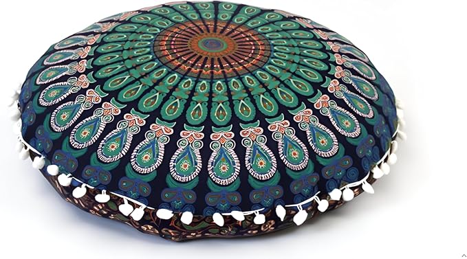 CRAFT KALA 22 Inch Meditation Floor Pillows Cover Round Pillow Seating Hippie Decorative Adults Bohemian Mandala Circle Floor Cushion Cover Outdoor Living Room Throw Ottoman Poufs Cover (Blue Mirchi)