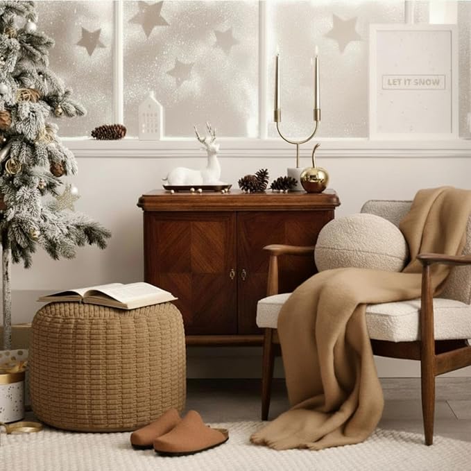 2 Pcs 20 x 15 Inch Unstuffed Ottoman Pouf Cover Corduroy Foot Rest - No Filler, Striped Foot Stool Floor Bean Bag Floor Chair Storage for Modern Farmhouse Bedroom Home Decor (Light Brown)