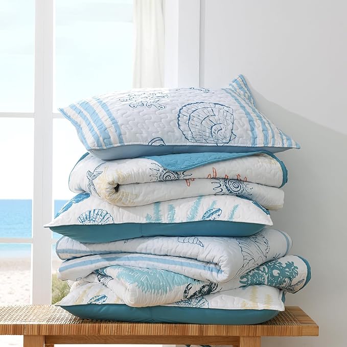 HORIMOTE HOME Coastal Quilt Bedding Set King Size, Reversible Summer Beach Quilt Lightweight Ocean Nautical Comforter Tropical Bedspread Coverlet with 2 Pillow Shams for All Seasons (106"x96")