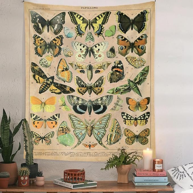Vintage Butterfly Tapestry 48” x 36”, Long Vertical Wall Hanging Reference Illustrative Papillons Tapestries for Bedroom Aesthetic Butterfly Tapistry Cute Vertical Tapestry Wall Hanging Bedroom Decor