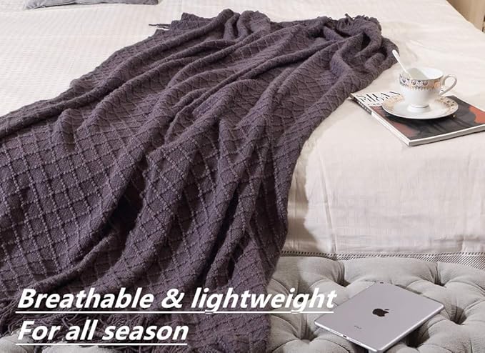CREVENT Knitted Decorative Throw Blanket for Couch Sofa Chair Bed, Soft Breathable Lightweight for Spring Summer (50''X60'' Dark Grey/Black)
