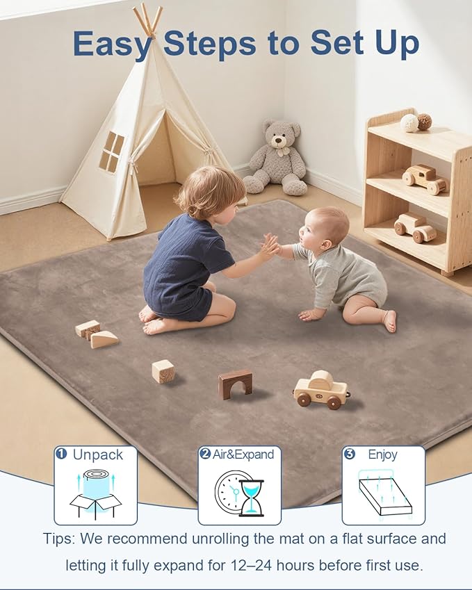 Thick Baby Play Mat for Floor,50 x 50 Playpen Mat,Tummy Time Foam Mats,Ultra Soft Support & Plush Feel,Easy Care with Non-Slip Cushioned for Infant,Kids and Toddler Crawling,Brown
