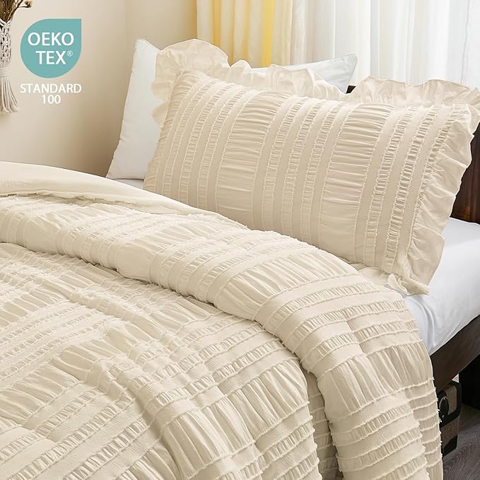 WONGS BEDDING Comforter Set Twin, 3 Pieces Ruffle for Dorm Room Essentials Comforter for Twin Bed, Beige Textured Bedding Set with 1 Ruffle Comforter, 2 Tufted Pillowcases 86"×68"