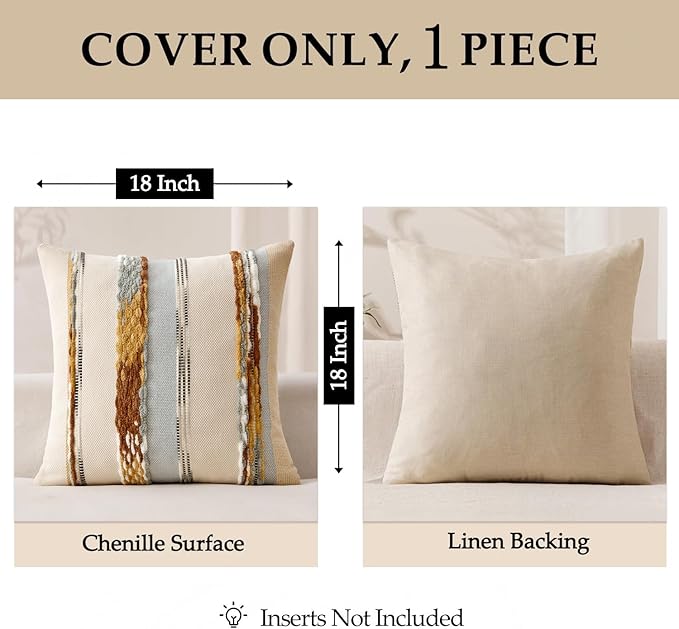 ANRODUO Pack of 1 Boho Decorative Throw Pillow Covers 18x18 Farmhouse Cushion Case Striped Chenille Pillow Cases Square Pillow Covers Accent Neutral Pillowcase for Sofa Couch Bed, Blue-Earth Tones