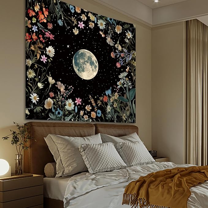 Apdidl Moon Floral Ceiling Tapestry for Bedroom Decor, Boho Flower Plant Garden Aesthetic Tapestries Wall Hanging, Black Nature Butterfly Wall Covering for Dorm Living Room (51"X60")