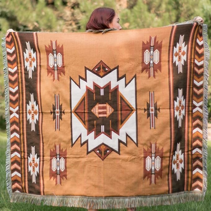 Aztec Throw Blanket Native American Blanket Southwestern Boho Decor Reversible Woven Tassels Mexican Blankets and Throws for Couch Bed Chair Wall Livingroom Outdoor Travel Brown 63"x87"