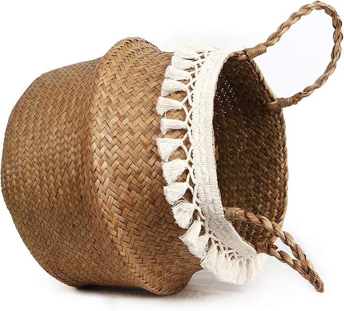 Boho Woven Seagrass Belly Basket for Storage Plant Basket or Toy Basket Living Bathroom (Medium, Beige)