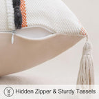 decorUhome Boho Decorative Throw Pillow Covers 18x18 Set of 2, Striped Chenille Tufted Pillow Covers with Tassels for Couch Bed Sofa, Cream White and Dark Grey
