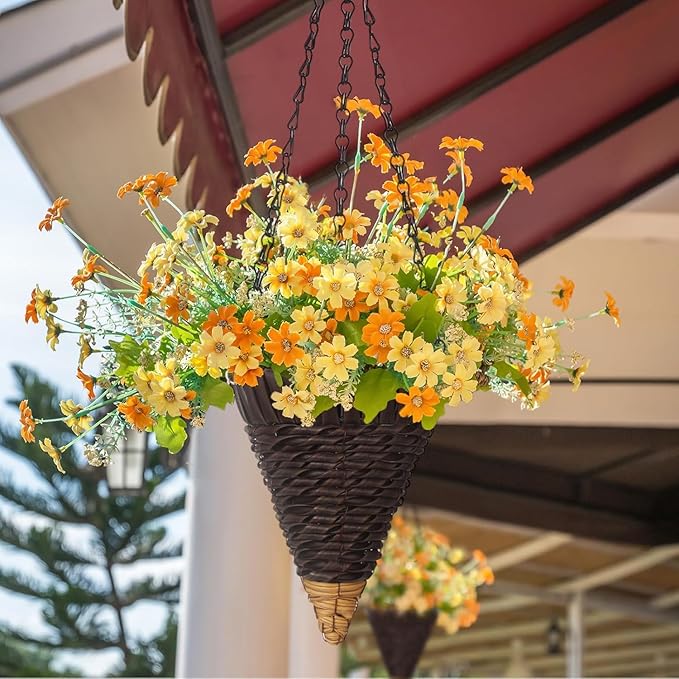 4 Pcs Hanging Plant Flower Basket for Outdoor Spring Decoration, 7.87 Inches Black Iron Chain Wicker Woven Conical Artificial Flower Hanging Basket, Plants Not Included (Coffee)