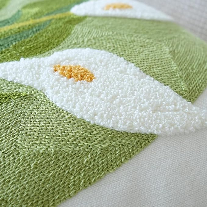 vctops Farmhouse Calla Lily Cotton Tufted Throw Pillow Cover Spring Floral Embroidery Pillowcase Soft Square Cushion Case for Sofa Couch Bed Chair (White C,18"x18")